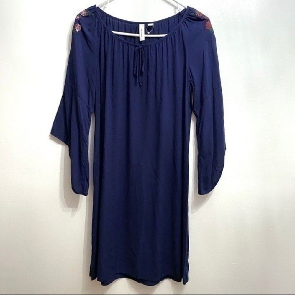 Tacera Womens blue dress wing sleeves flowers on shoulders 249B5